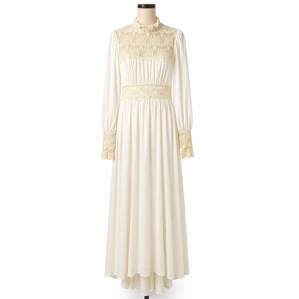 Vintage Handmade Victorian Lace Wedding Dress Size 0 Ivory Long Sleeve High Neck
